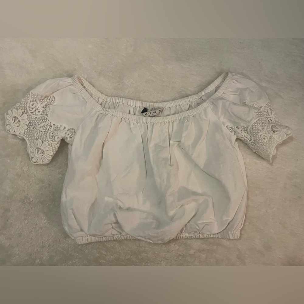 Zara Size S White Linen Cropped Blouse Summer Spring Top Floral Cutout Sleeve